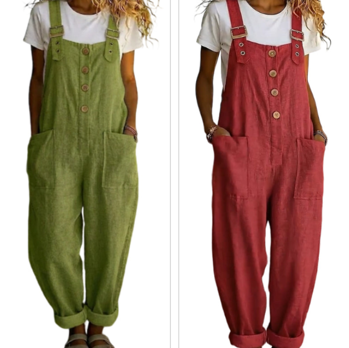 👖JETZT 50 % RABATT! 🌿 Lässige Damen-Latzhose mit Knopfleiste – Verstellbare Träger. atmungsaktives Material & bequeme Passform ✨