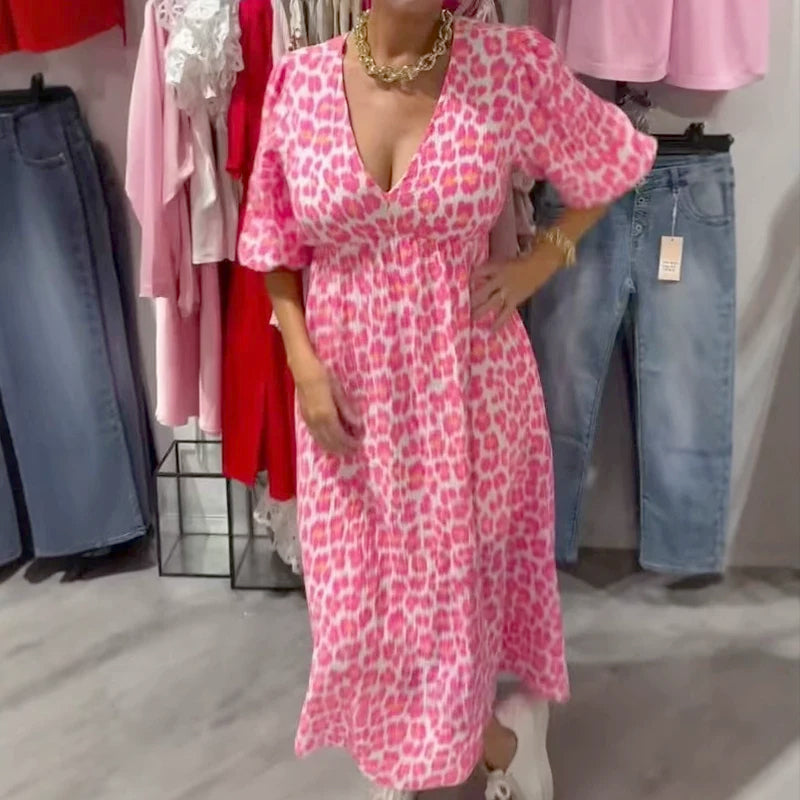 🏖️LETZTER TAG DES AUSVERKAUFS: 55 % RABATT!!🎀🌸Damenkleid mit V-Ausschnitt und Druck