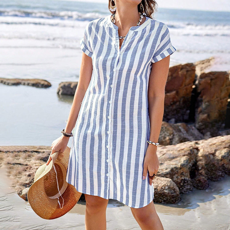 🌸✨Midikleid mit Streifenmuster & Knöpfen für Damen