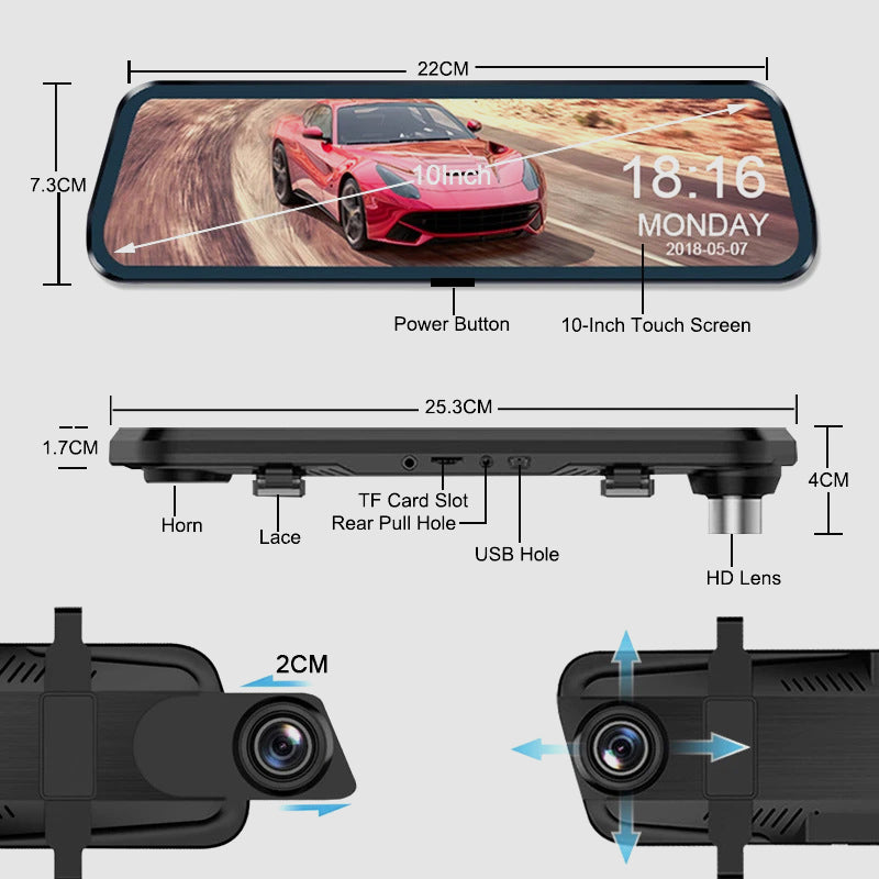 👁️10-Zoll-Rückfahrkamera & Dashcam mit vollem Touchscreen – 1296P HD-Nachtsicht. Dual-Objektiv – ideal für sicheres Fahren & Parken🚗📹