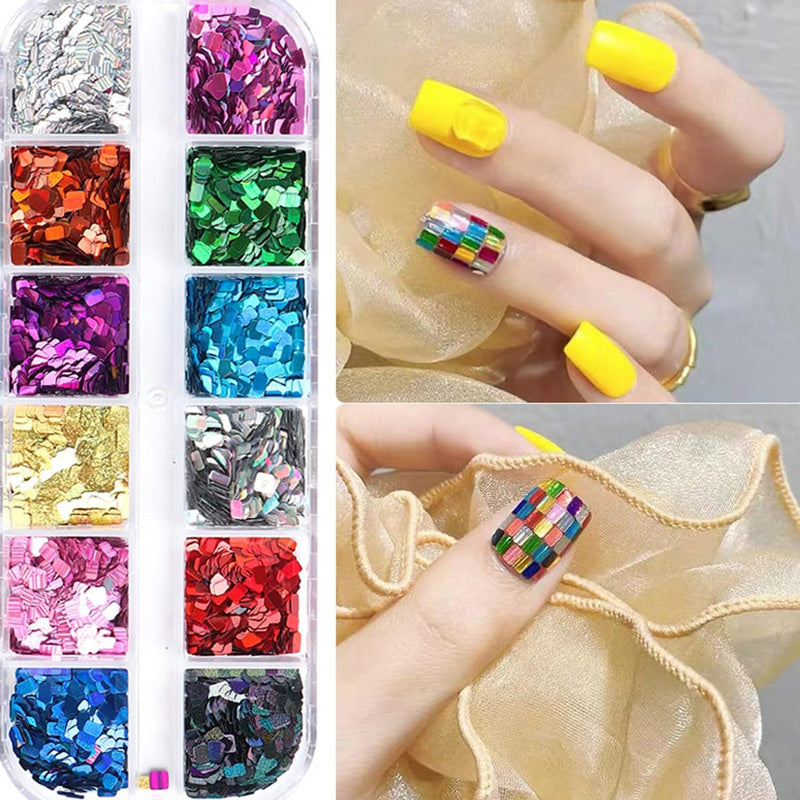 ✨JETZT 50 % RABATT! 🔥12-teiliges quadratisches Glitzer-Nagelkunst-Pailletten-Set🎉
