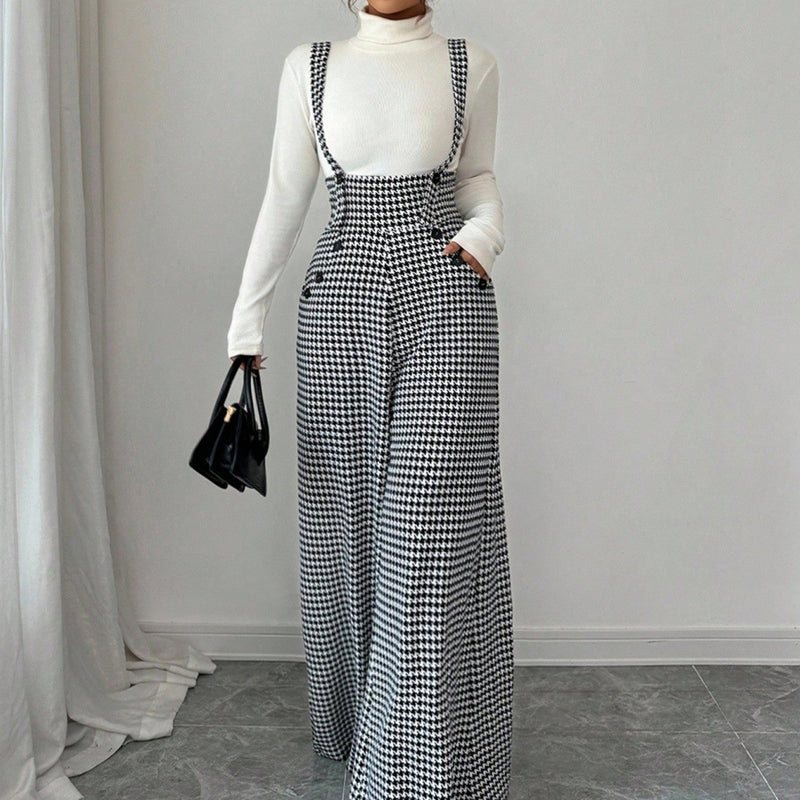 ✨🔥Klassische Damen-Hose mit hohem Bund. Hosenträgern und Hahnentrittmuster💞