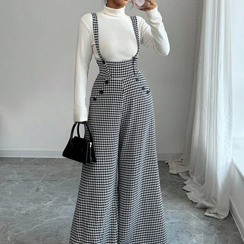 ✨🔥Klassische Damen-Hose mit hohem Bund. Hosenträgern und Hahnentrittmuster💞