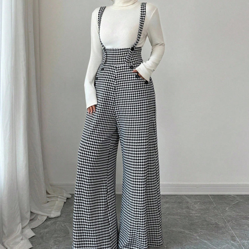 ✨🔥Klassische Damen-Hose mit hohem Bund. Hosenträgern und Hahnentrittmuster💞