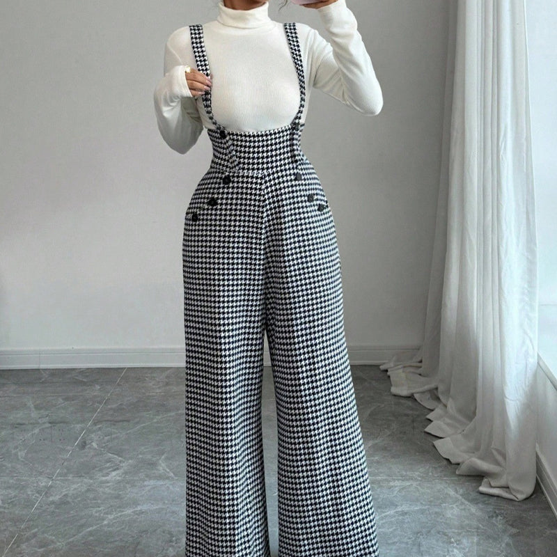 ✨🔥Klassische Damen-Hose mit hohem Bund. Hosenträgern und Hahnentrittmuster💞