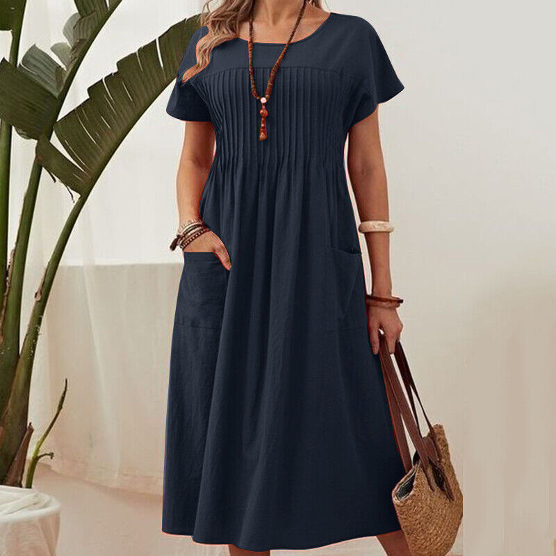 👗Faltenkleid für Damen mit kurzen Ärmeln und Taschen💃