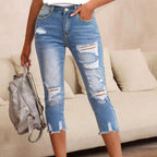 🔥Solange der Vorrat reicht 40 % Rabatt!🎉Damen-Jeans mit Used-Optik. Rissen und rohem Saum