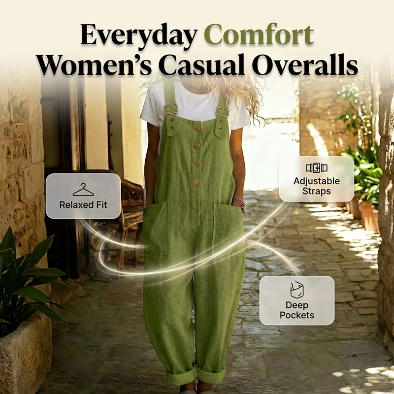 👖JETZT 50 % RABATT! 🌿 Lässige Damen-Latzhose mit Knopfleiste – Verstellbare Träger. atmungsaktives Material & bequeme Passform ✨