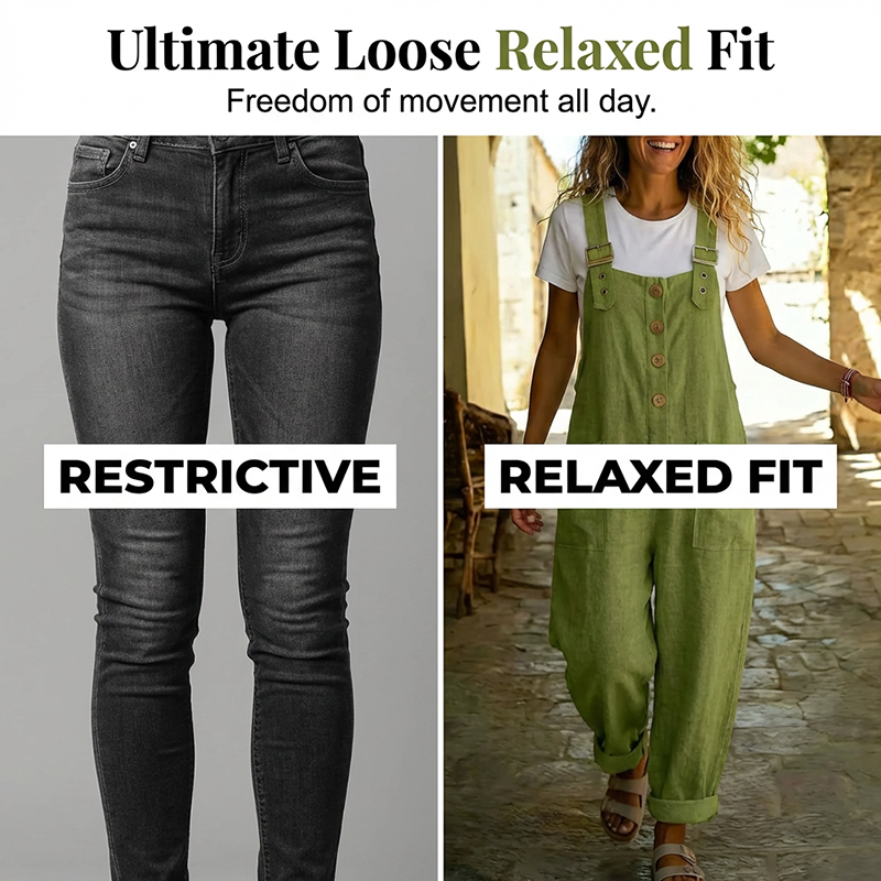 👖JETZT 50 % RABATT! 🌿 Lässige Damen-Latzhose mit Knopfleiste – Verstellbare Träger. atmungsaktives Material & bequeme Passform ✨