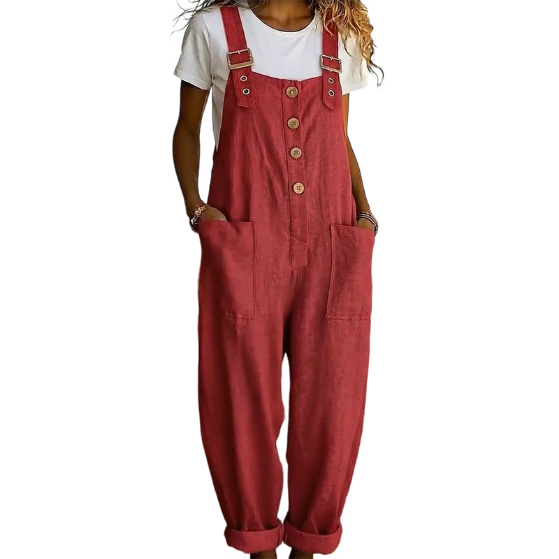 👖JETZT 50 % RABATT! 🌿 Lässige Damen-Latzhose mit Knopfleiste – Verstellbare Träger. atmungsaktives Material & bequeme Passform ✨