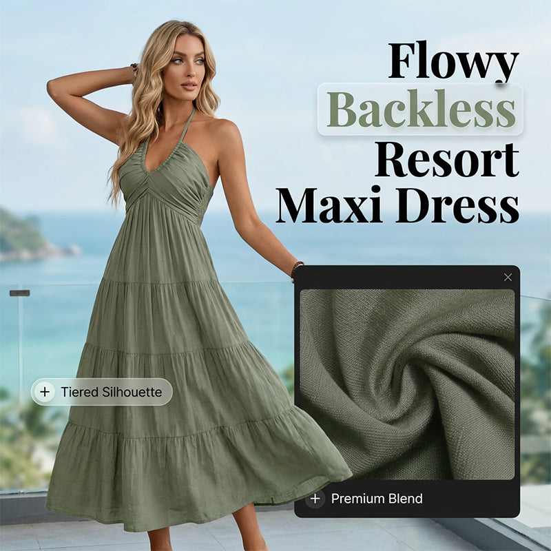 👗 50% RABATT! 🌴 Maxikleid für Damen mit Neckholder & Rückenfreiem Ausschnitt – Gestuft. Fließend & Im Resort-Stil Für Einen Eleganter Auftritt Im Urlaub 🌺