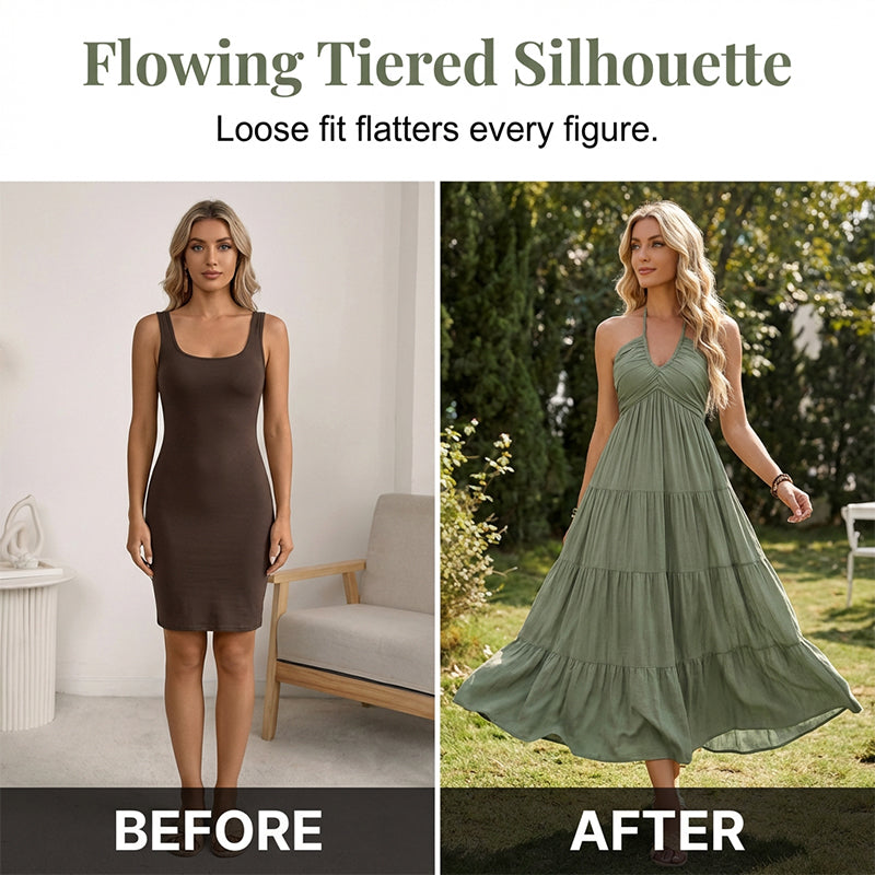👗 50% RABATT! 🌴 Maxikleid für Damen mit Neckholder & Rückenfreiem Ausschnitt – Gestuft. Fließend & Im Resort-Stil Für Einen Eleganter Auftritt Im Urlaub 🌺